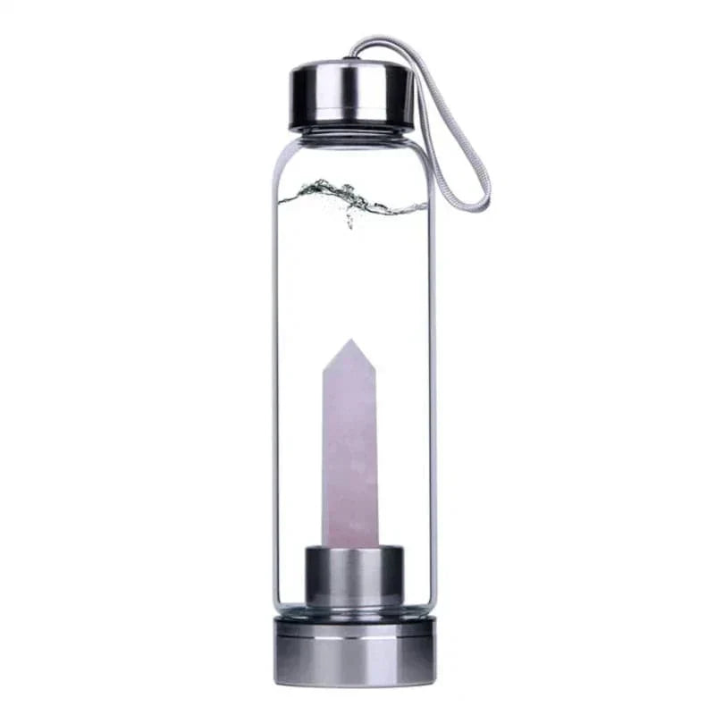 Botella de agua con incrustación de cuarzo rosa y morado