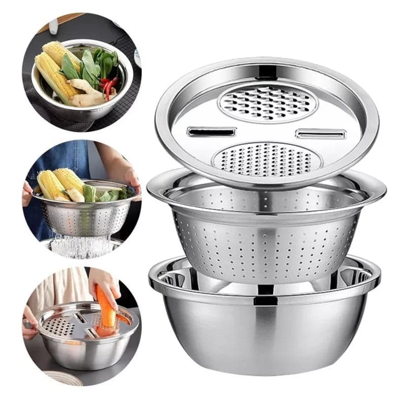 Rallador escurridor bowl multifunción 3 en 1 de acero inoxidable 30 cm