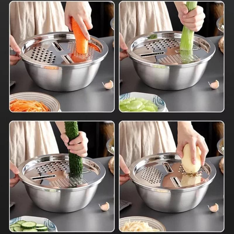 Rallador escurridor bowl multifunción 3 en 1 de acero inoxidable 30 cm