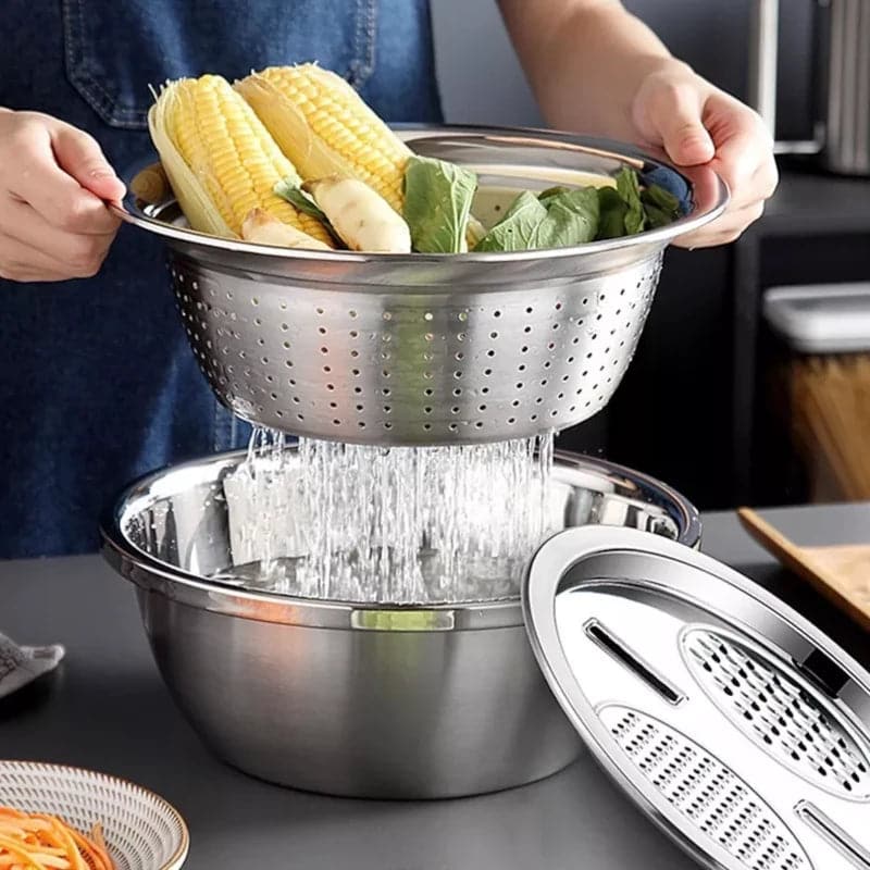 Rallador escurridor bowl multifunción 3 en 1 de acero inoxidable 30 cm