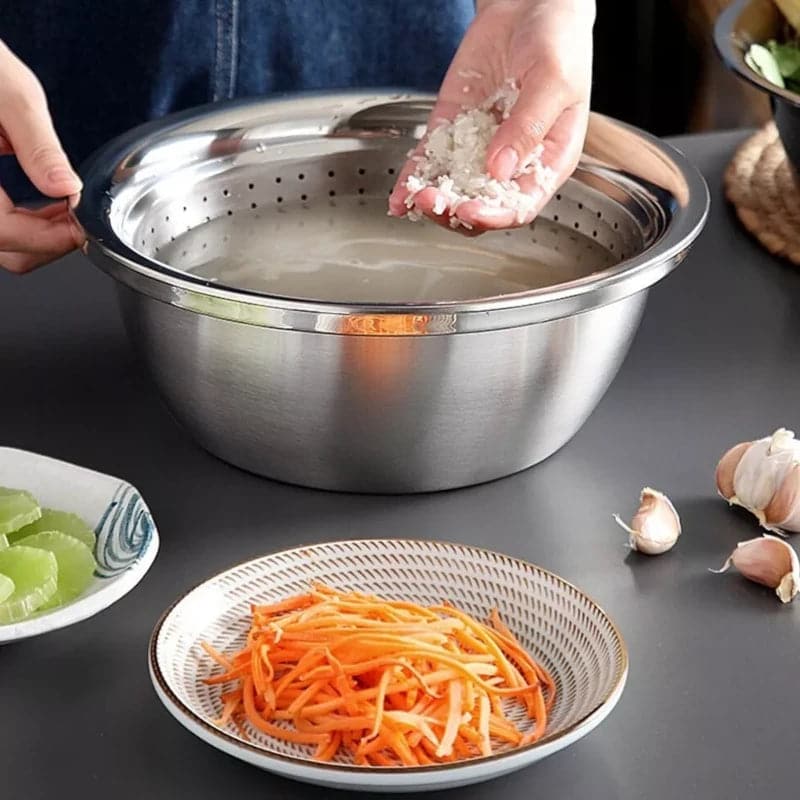 Rallador escurridor bowl multifunción 3 en 1 de acero inoxidable 30 cm