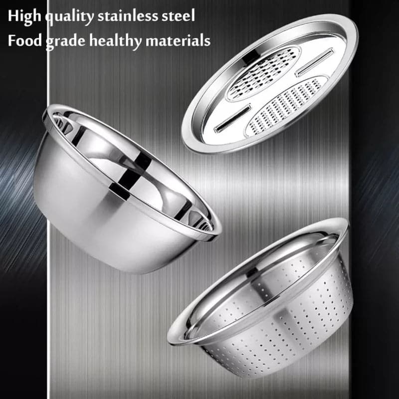 Rallador escurridor bowl multifunción 3 en 1 de acero inoxidable 30 cm