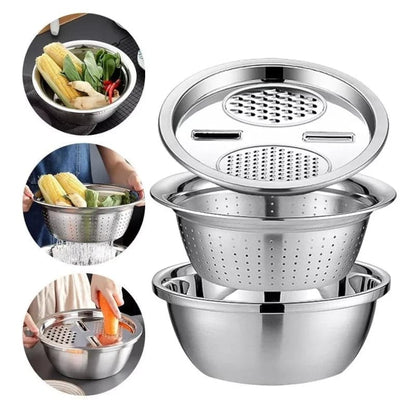 Rallador escurridor bowl multifunción 3 en 1 de  acero inoxidable 30 cm